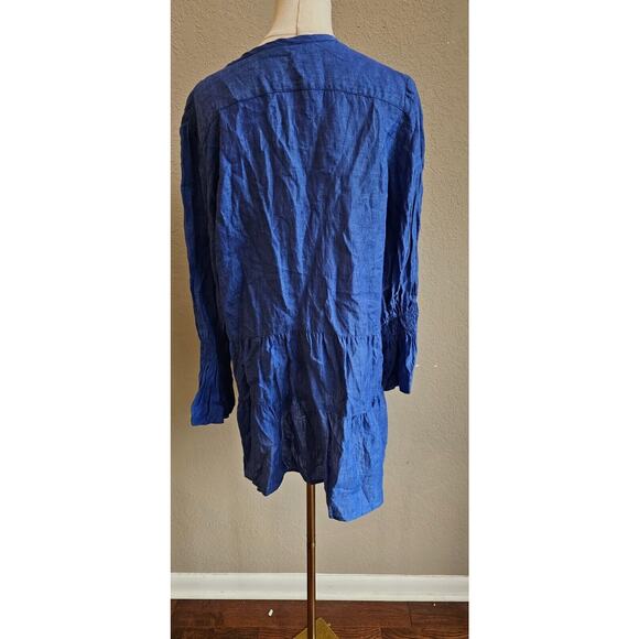 Italian 100% Linen Smocked Tiered Long Sleeve Shirt Top Tunic Royal Blue XL Larg - Picture 4 of 5